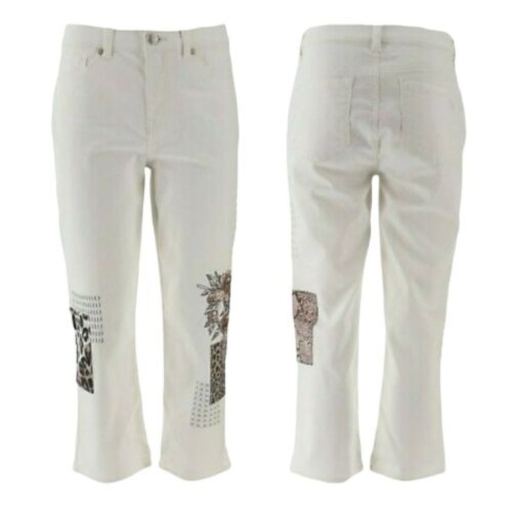 DG2 Diane Gilman Stretch Embroidered White Denim Cropped Jean Hi Rise